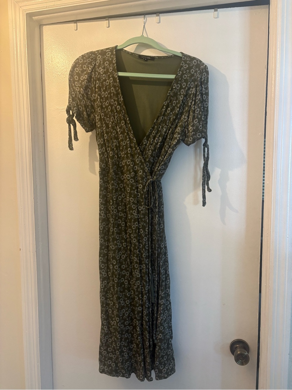 Papermoon Olive Floral Wrap Midi Dress with Tie Sleeves